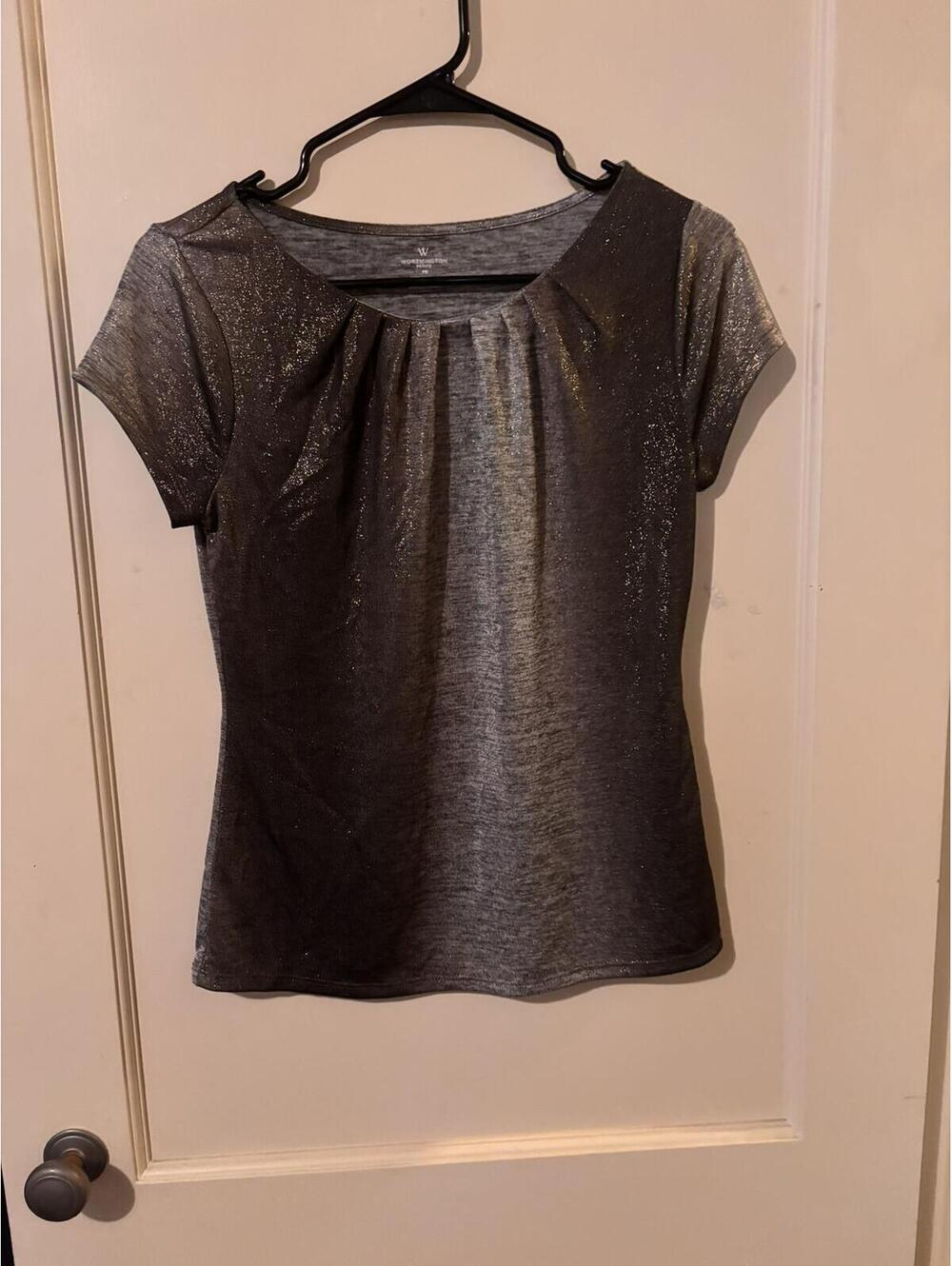 Worthington Metallic Short Sleeve Pleated Neck Top